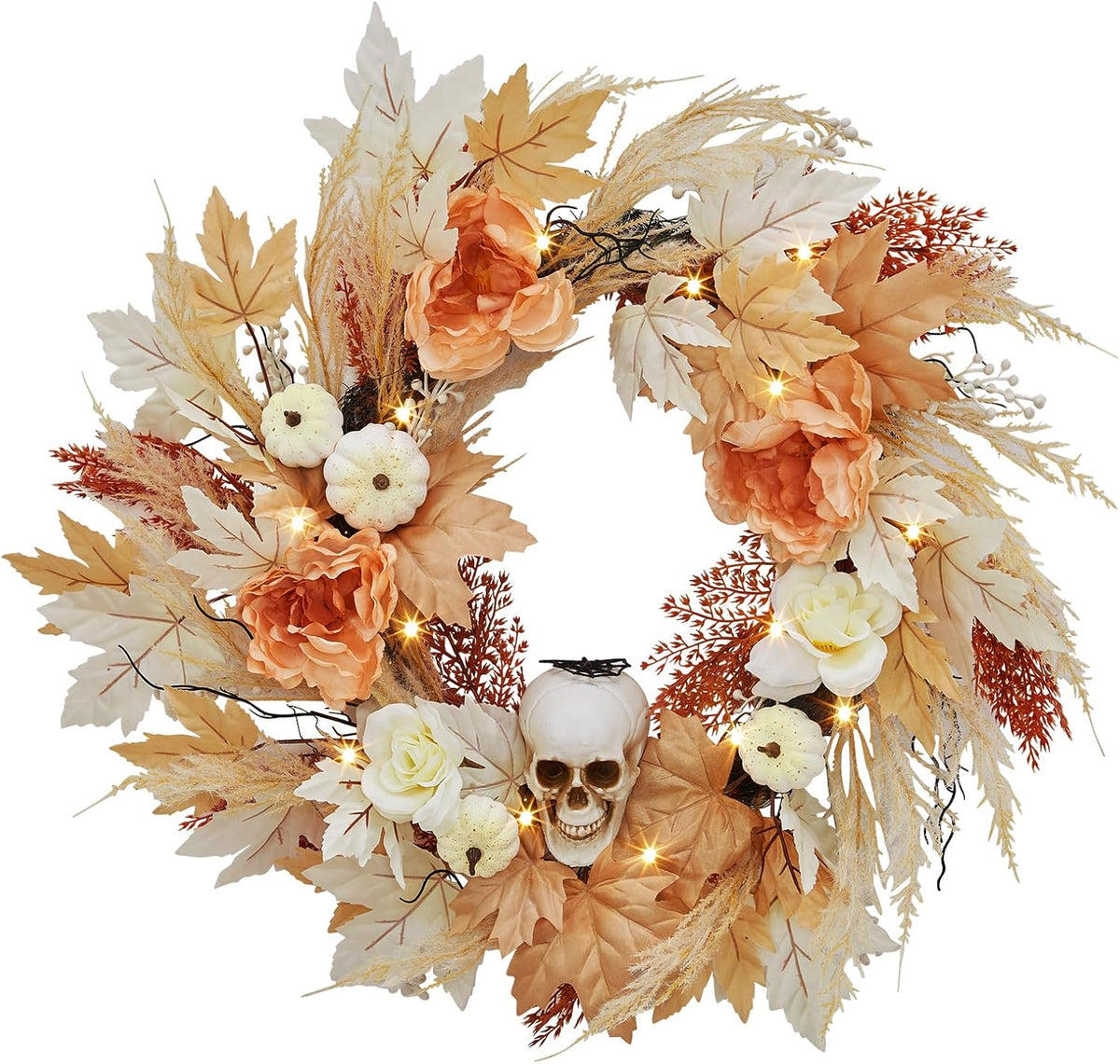 GarveeHome 22 in Halloween Skull Wreaths for Front Door, Fall Maple Leaves Wr...