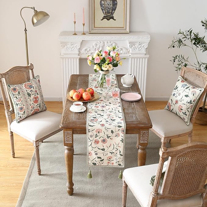 ISAENNE Designer Chinoiserie Elegant Linen Floral Table Runner 87 Inches Long,White Wrinkle Resistant Table Runners for Dining Tables,Thanksgiving,Kitchen Tables,Christmas,12"*87"-Daffy A