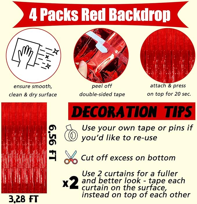 4 Pack Red Fringe Curtain Backdrop, 3.2Ft x 6.6Ft Metallic Tinsel Foil Fringe Streamers Curtains Background for Photo Booth Birthday Wedding Baby Shower Party Thanksgiving Christmas Decorations