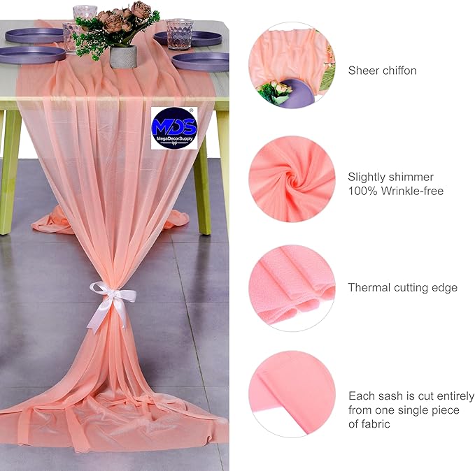 MDS 2 Pack 10ft Chiffon Table Runner 29 x 120 Inches Sheer Wedding Runner Romantic Rustic Table Runner for Wedding Decorations, Birthday Parties, Bridal Shower Party Arch Decor - Peach