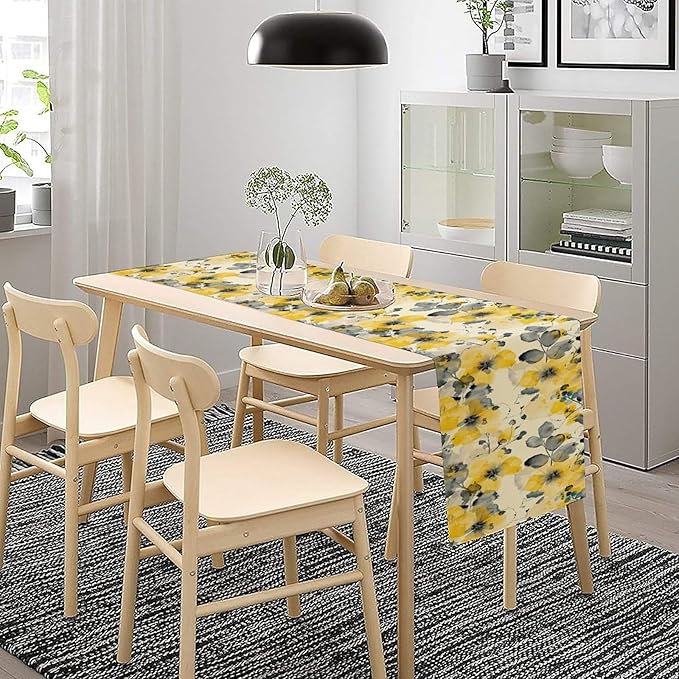 Floral Table Runner,Yellow Flowers Spring Print Table Cloth Kitchen Dining Table Home Party Decoration 13x36 Inch