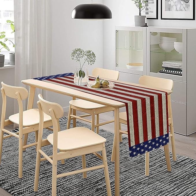 American Flag Table Runner, 4th of July USA Rustic Vintage Wooden Blue Red Stars Stripes Print Table Runner for Farmhouse Kitchen Dining Table Decor, 13x70inch