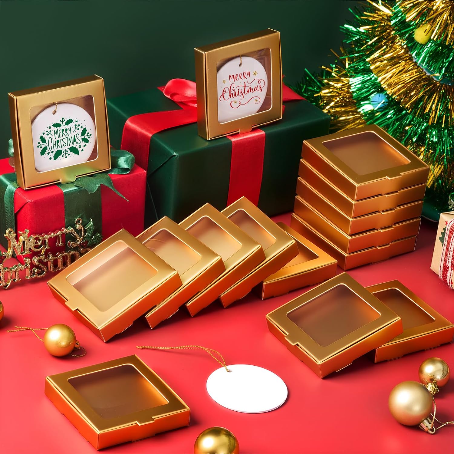 Dunzoom 25 Pcs Sublimation Ornament Blanks Gift Box 3.6"x3.6"x0.7" Christmas Ornaments Holder Ceramic Discs Packaging Box with Window for Personalized Xmas Tree Blanks Bulk (Gold)