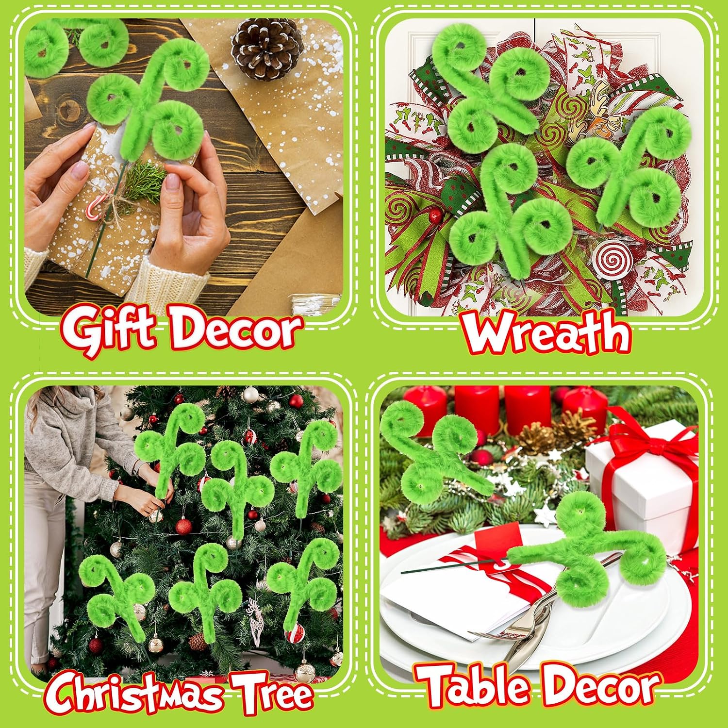 Daifunli 15 Pcs Christmas Tree Topper 12 Inch Tree Decorations Lime Green Furry Christmas Picks Furry Spiral Curly Picks Sprays Topper for Filler Wreath Vase Filler Branches Home Decor