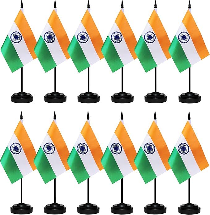 12 Pack India Desk Flags Set, Indian Small Mini Table Office Flags with 12" Solid Black Pole, 8.2 x 5.5 Inches, Home and Office Decoration, Festival Celebrations