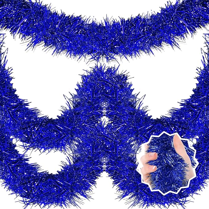 50 Feet Blue Christmas Tinsel Garland, Metallic Foil Twist Banner Wall Hanging Tinsel Streamers Backdrop for Parade Floats, Christmas, Mother's Day, Birthday Party Decorations(2in x 50ft)