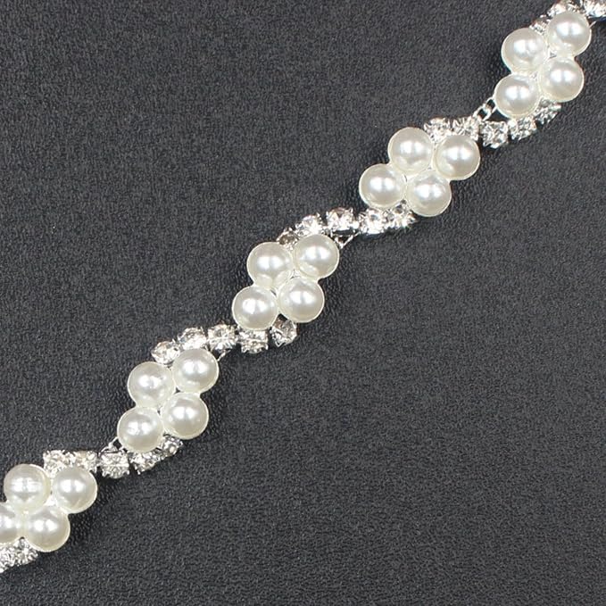 PEARLY JUN 2 Yards Pearl Rhinestone Trim Chain Silver Crystal Fringe Diamond Applique Ribbon String Tassel Strip for Sewing Wedding Dress Crafting Crafts Flower Embellishments