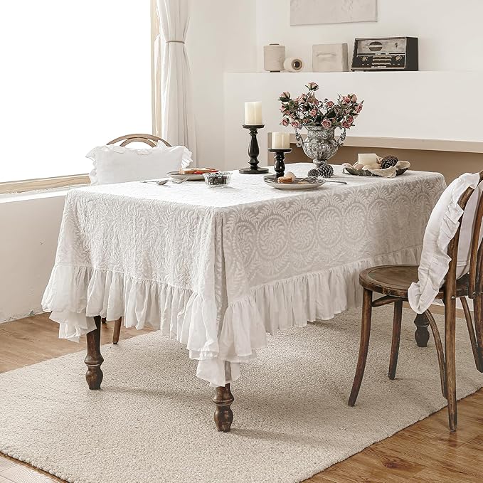 patdrea Vintage Ruffle Tablecloth for Square Tables,Farmhouse Embroidered Cotton White Lace Table Cloth Cover Decor for Dining Room Wedding Banquet Thanksgiving Christmas,59"*59"