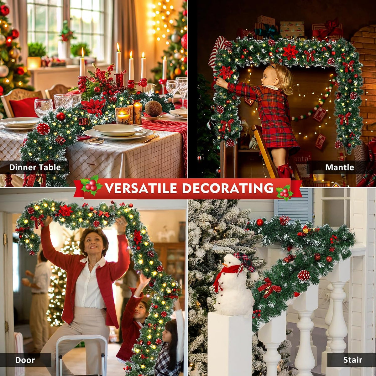doiown christmas garland with lights,9ft prelit christmas garland on a desk or shelf