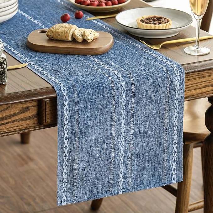 Artoid Mode Blue Rustic Cotton Linen Table Runner, Seasonal Embroidered Hollow Kitchen Dining Table Decoration for Home Party Decor 13x60 Inch