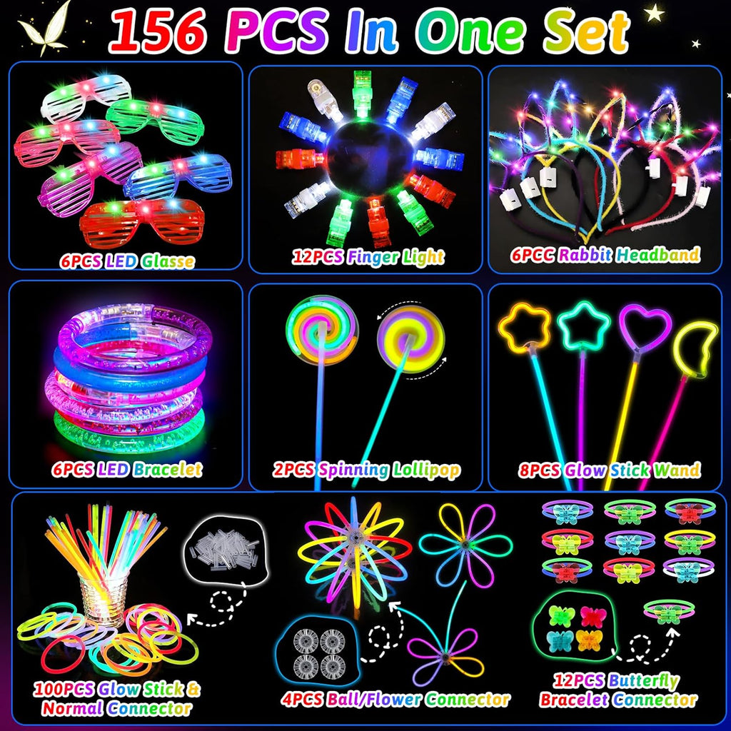 156Pcs Glow In The Dark Party Supplies for Kids/Adults, Light Up Accessories with Glasses, Headband, Bracelets, Necklaces, Wand, 100 Glow Sticks Bulk Party Pack, Neon Disco Birthday Party Decorations