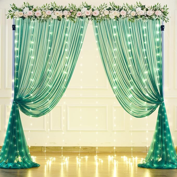 Hunter Green Tulle Backdrop Curtains with Lights String for Parites 10x8ft Sheer Backdrop Curtains Drapes for Birthday Party Bridal Shower Baby Shower Photo Booth Background Decorations
