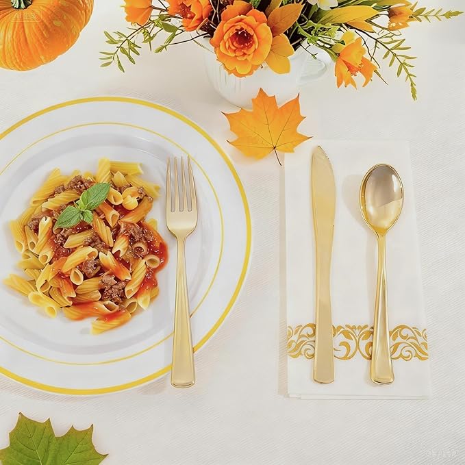 WDF 160 Piece Gold Plastic Silverware - Heavy Duty Gold Silverware Includes 80 Forks, 40 Spoons, 40 Knives, Plastic Utensils Perfect for Wedding, Thanksgiving Party