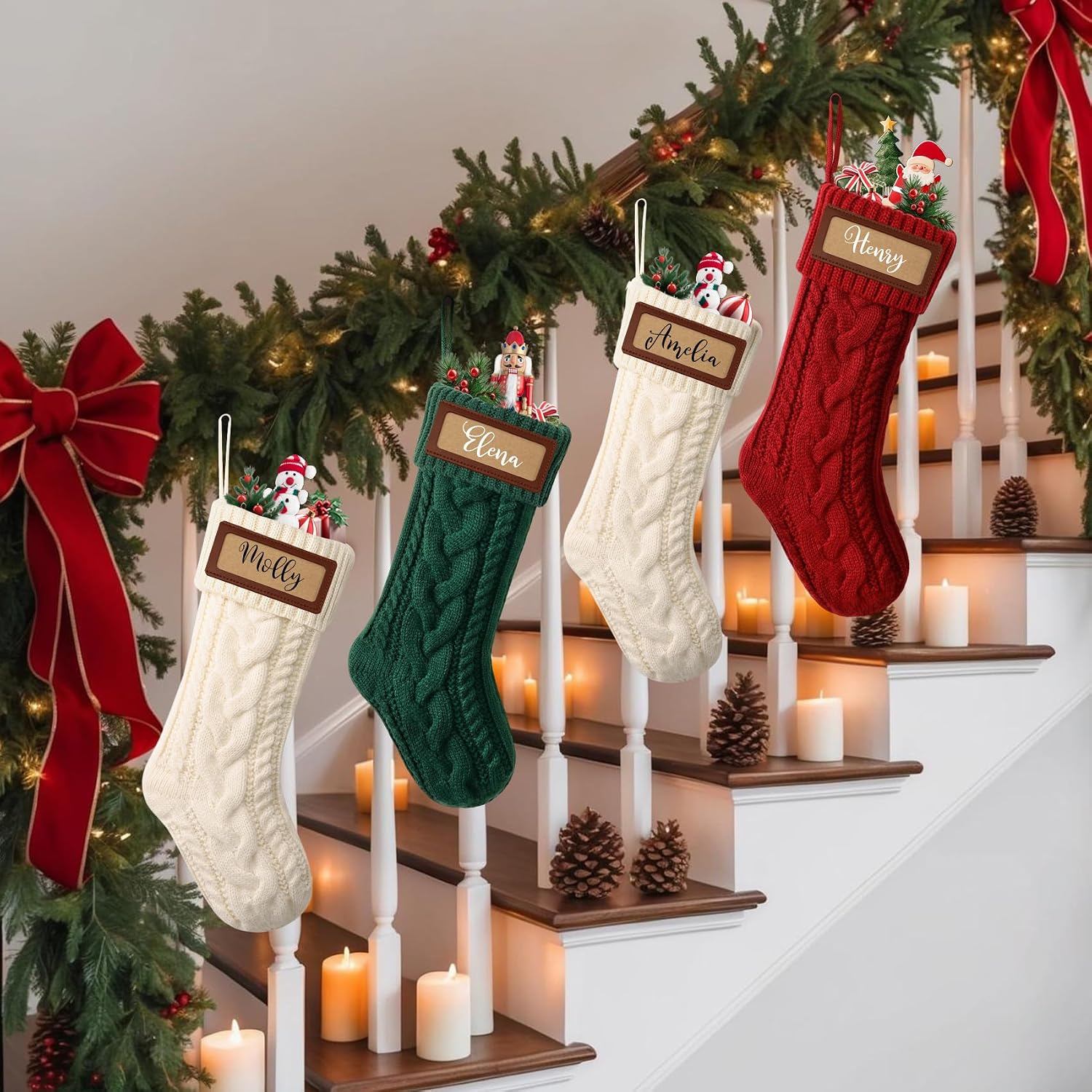 CARAKNOTS Personalized Christmas Stockings 4 Pack Knit Christmas Stockings with Names Tag Patches Vintage Rustic Farmhouse Boho 18" Large Red Green White Knitted Xmas Stocking for Family Kids