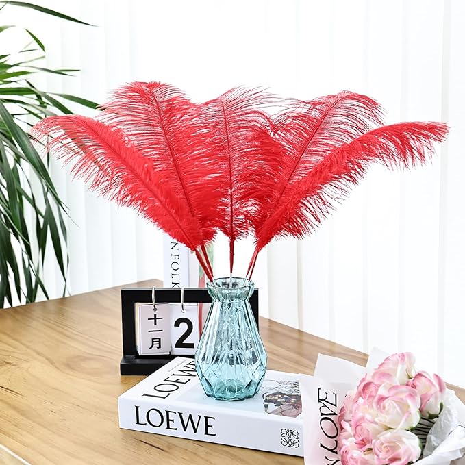 Bulk Red Ostrich Feathers - 12pcs 12-14inch Crafting Supplies for Centerpiece Table Decorations