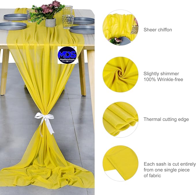 MDS 2 Pack 10ft Chiffon Table Runner 29 x 120 Inches Sheer Wedding Runner Romantic Rustic Table Runner for Wedding Decorations, Birthday Parties, Bridal Shower Party Arch Decor - Yellow
