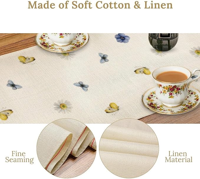Floral Table Runner, Spring Watercolor Flower Plants Nature Butterfly Table Runner for Kitchen Dinner Living Room Home Party, 13x60 Inch