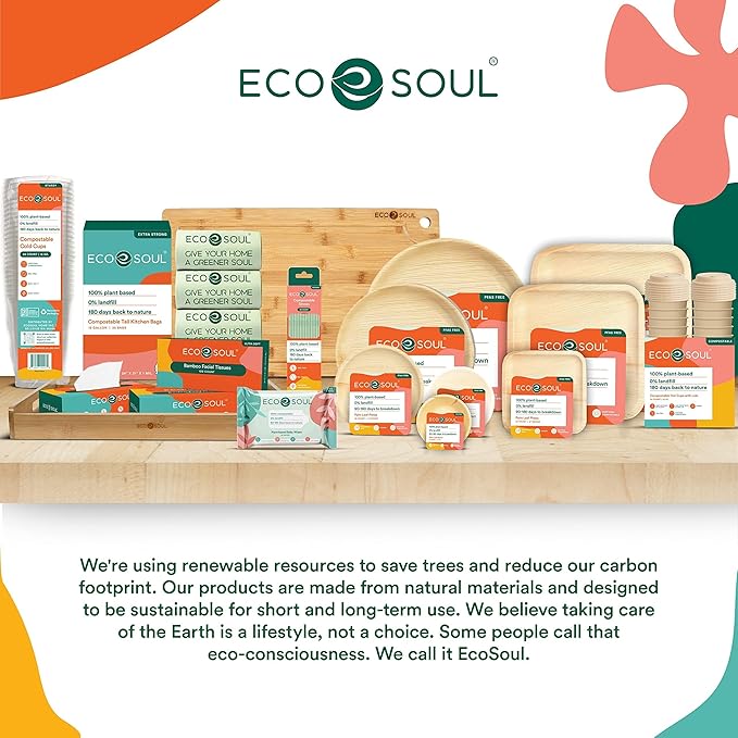 ECO SOUL Compostable 7 & 10 Inch Palm Leaf Square Plates (50 Count) Like Bamboo Plates | Biodegradable | Eco-Friendly, Microwave & Oven Safe - Party Pack