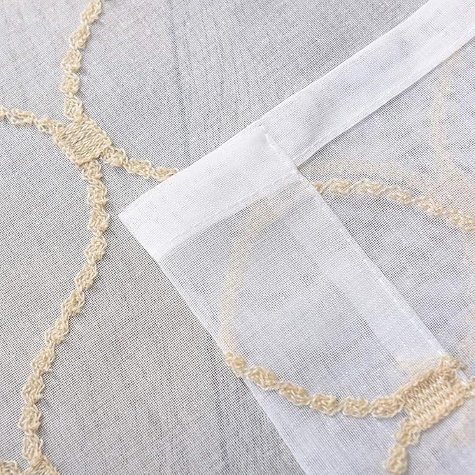MYSTIC-HOME Embroidery Gold Sheer Curtains 84 Inches Long, Rod Pocket Sheer Drapes for Living Room, Bedroom, 2 Panels, 52"x84", Semi Crinkle Voile Window Treatments for Yard, Patio, Villa, Parlor.