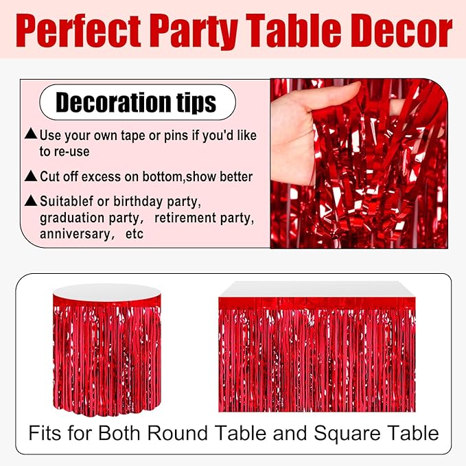 3 Pack 29x108 Inch Red Foil Fringe Table Skirts Metallic Banner for Tinsel Streamer Garland Backdrop for Parade Floats Wedding Thanksgiving Birthday Christmas Halloween Party Decoration