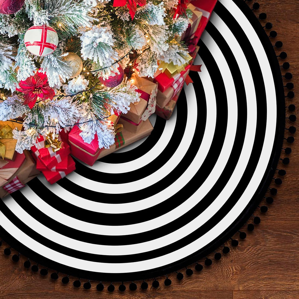 MACTING Christmas Black and White Tree Skirt, 30 Inch Annual Rings Tree Mat with Pom Poms for Xmas Tree Halloween Indoor Home Holiday Party Christmas Decorations