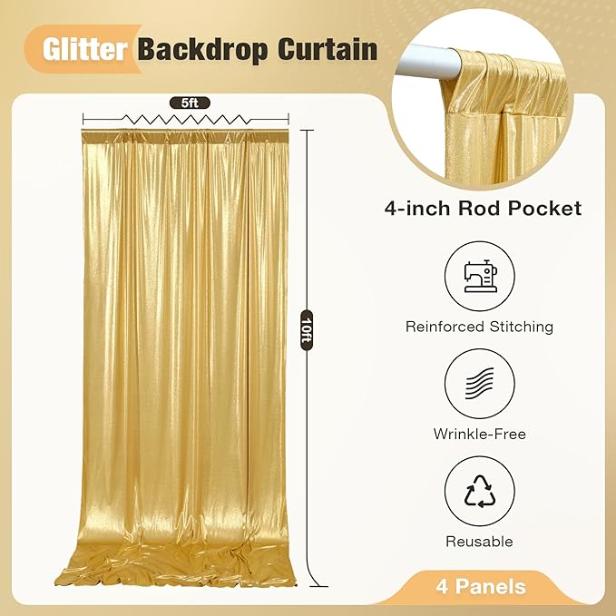 20x10FT Gold Sequin Backdrop - 4 Panels 5x10FT Wrinkle-Free Glitter Drapes for Weddings, Parties & Events