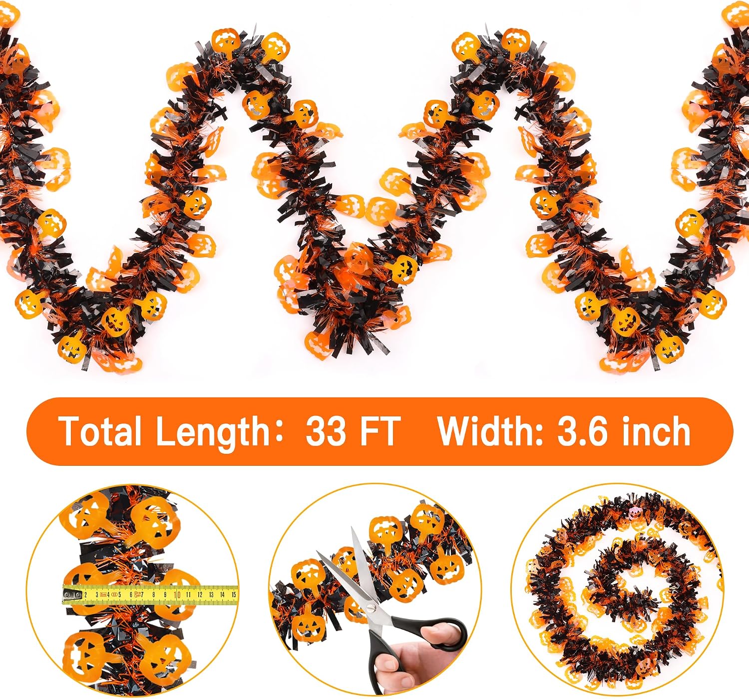 33FT Halloween Tinsel Garland with Orange Pumpkin Ornament, Shiny Metallic Twist Garland Outdoor Indoor Halloween Decorations for Home Table Office Classroom Fireplace Mantle Party Decor