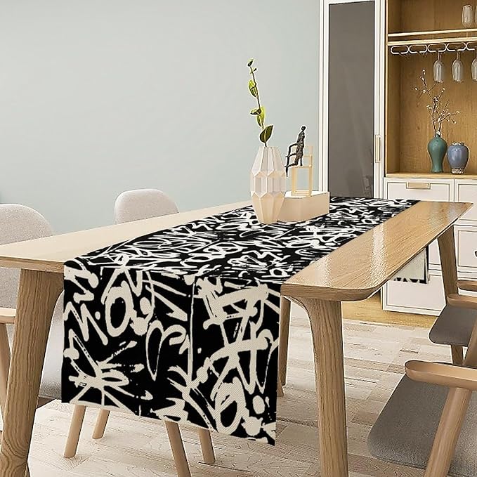 Graffiti Table Runner,Black White Abstract Messy Art Theme Pattern Print Tablecloth Burlap for Hotel Indoors Outdoor Dining Room Kitchen Home Decor,W13X L108 in