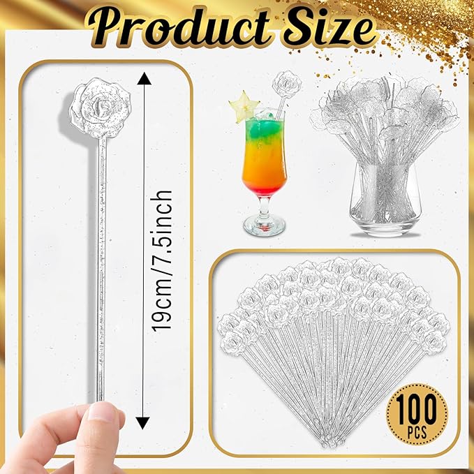100 Pcs Silver Glitter Drink Stirrers Cocktails Plastic Swizzle Sticks 7.5 Inch Cupcake Pop Sticks Toppers Rose Top Wedding Drink Stirrers for Mixed Drinks Coffee Birthday Wedding Party