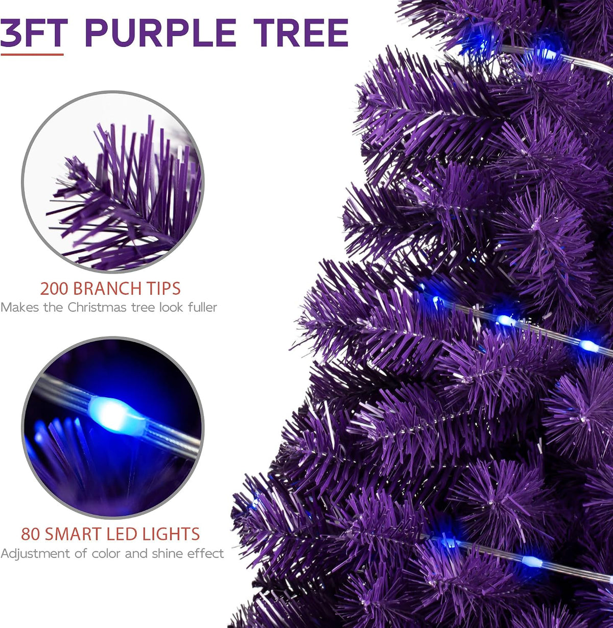 Purple 3ft Christmas Tree with Lights, Halloween 36inch Artificial Small Tree...