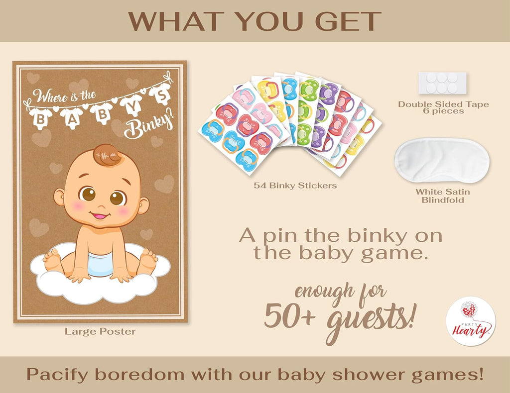 Party Hearty Pin the Pacifier on the Baby, Baby Shower Game - Kraft Boy | 1 Large Poster, 56 Colorful Binky Stickers, 1 Blindfold & Double-Sided Tape