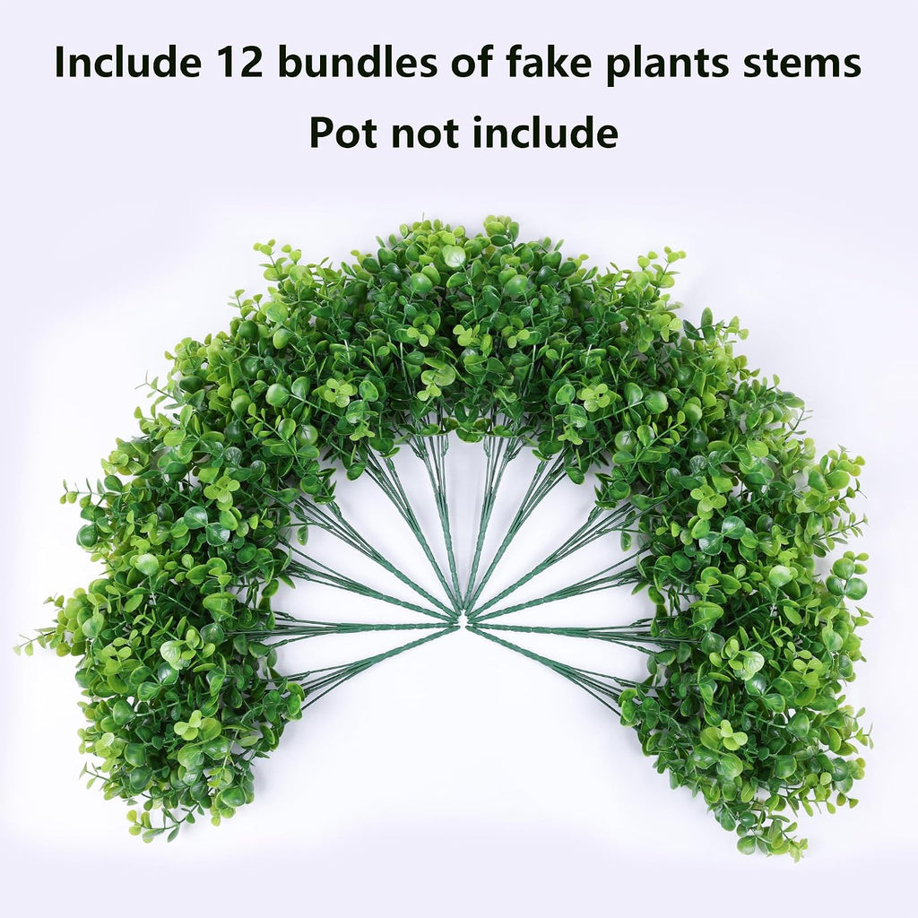 Artificial Faux Outdoor Plants for Spring Summer Decoration, 12 Bundles Fake Plastic Eucalyptus UV Resistant Look Real Fake Plants for Planter Outside Front Door Porch Patio Balcony Garden Indoor Yard