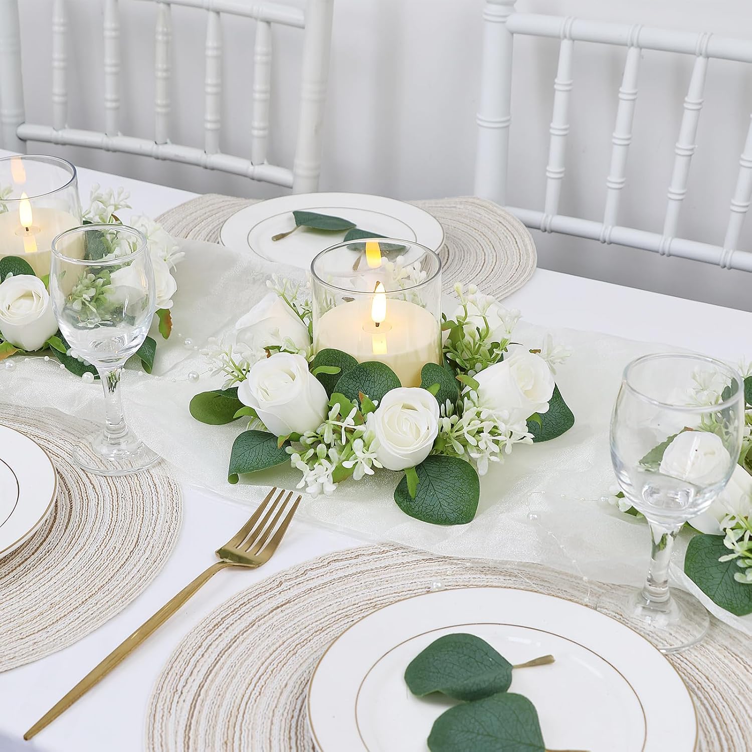 White Rose Candle Rings with Flameless Candles Sets - 12PCS Artificial Flower Eucalyptus Wedding Centerpiece 3 Inch Pillar Candleholders Wreaths for Wedding Party Decor (White - 6 Sets)