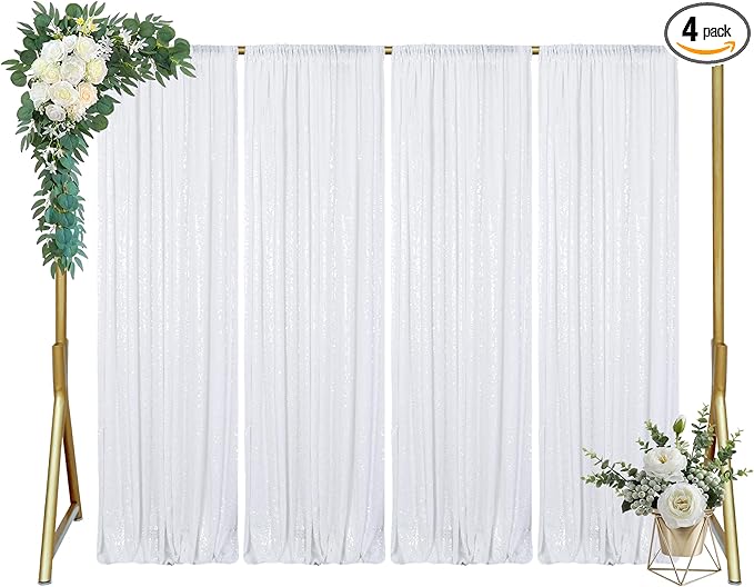 ShinyBeauty White Sequin Backdrop 4x10ft (4 Panels) – Wedding Arch Drapes, Photography Background, Glitter Party Decor for Events & TikTok Videos