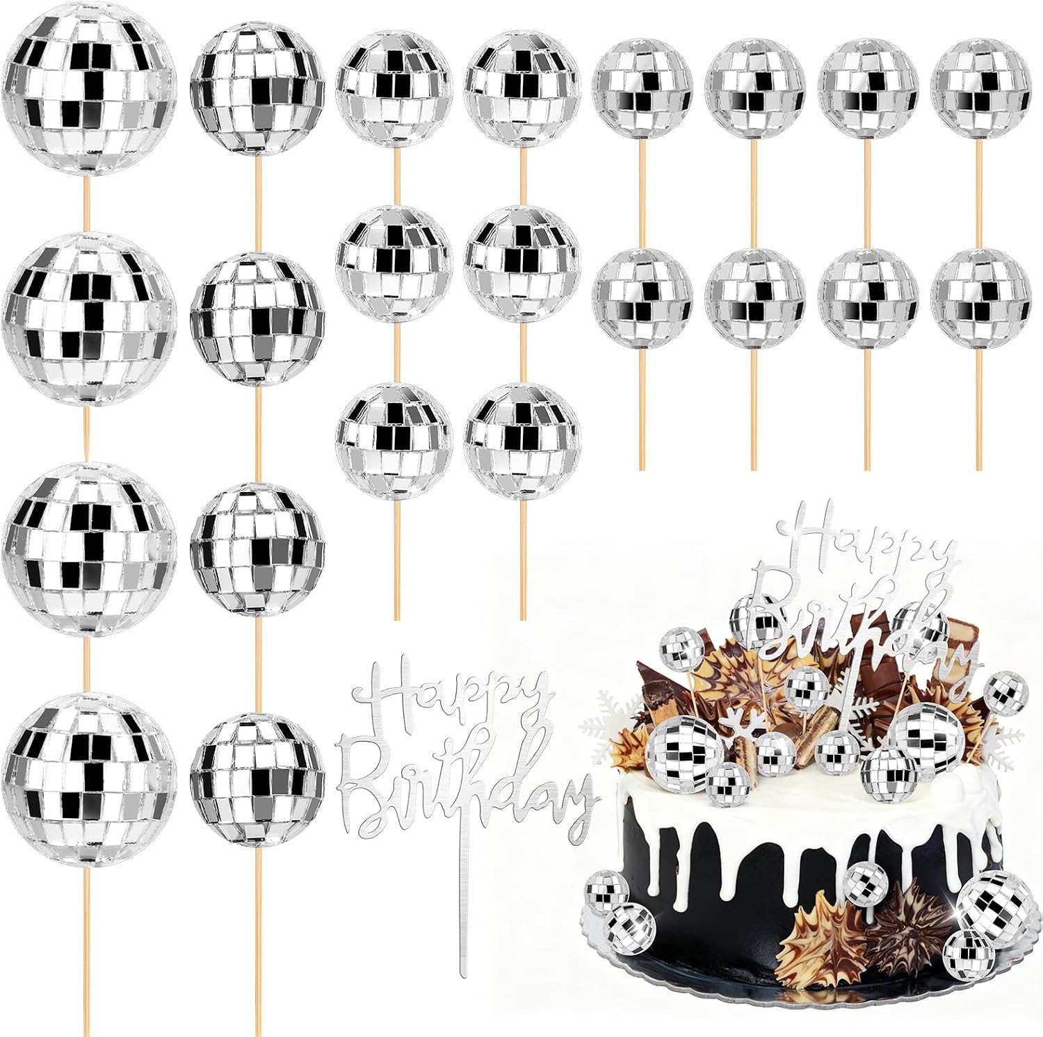 23 pcs Disco Ball Cupcake Toppers Happy Birthday Cake Topper 1970s Disco Ball Cake Picks Disco Theme Party Decorations for Birthday Party Favor