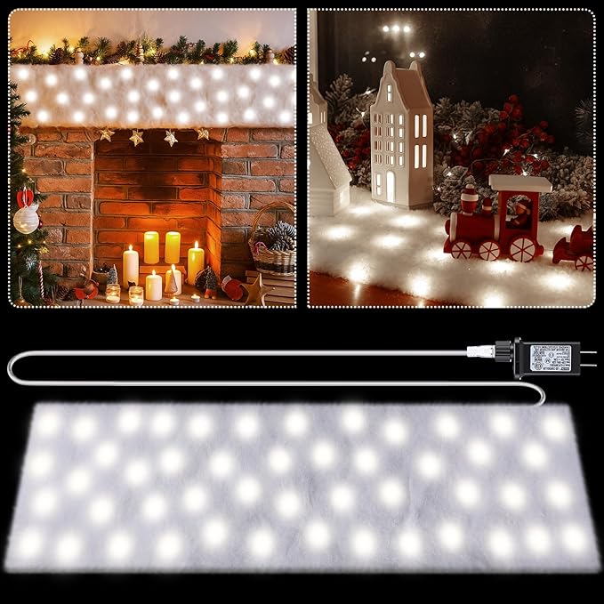 VIHOSE Christmas Snow Blanket with LED Lights String Pre Lit Artificial Fake Snow Blanket Roll Lighted Table Runner for Christmas Tree Village Display Winter Holiday Decor(White Light,59'' X 16'')