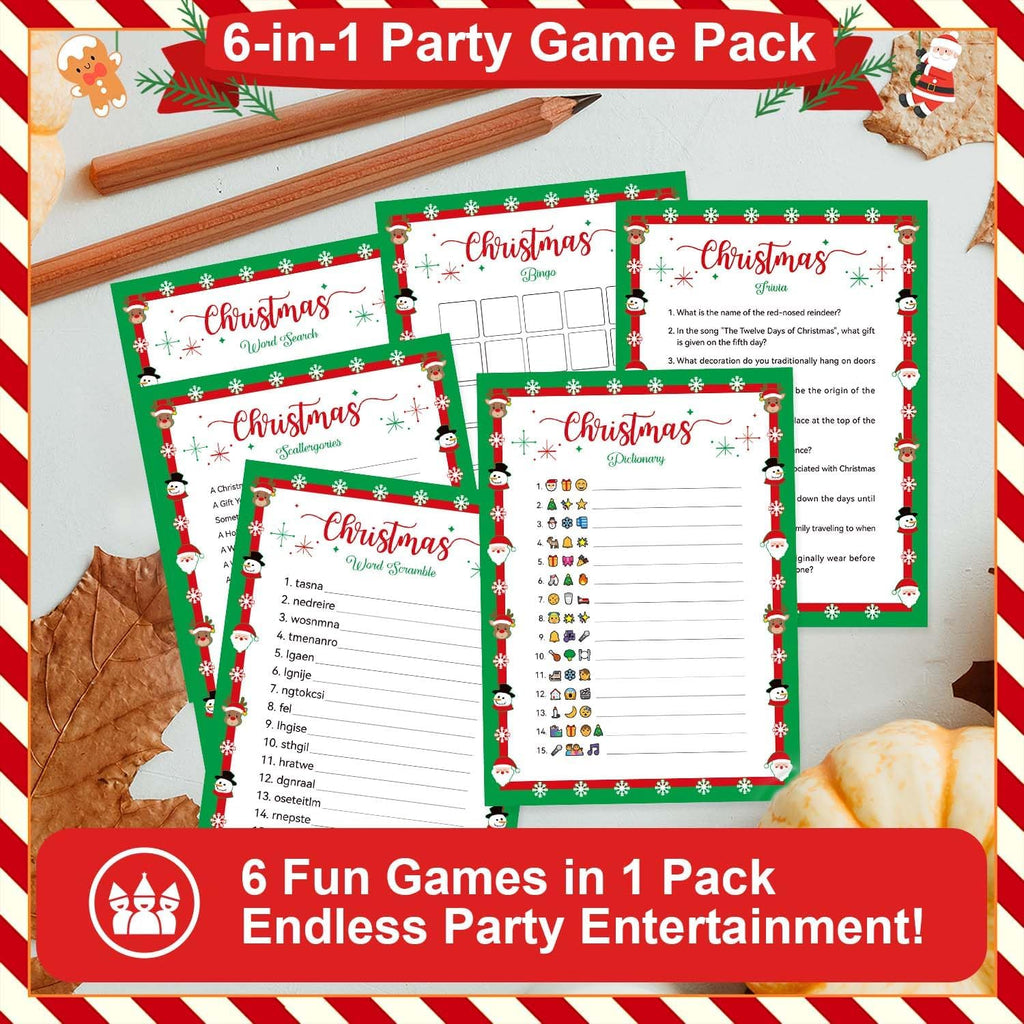 Biswiter Christmas Games for Family Party Supplies, Christmas Activities Word Search Scramble Bingo Trivia Pictionary Categories and Answer Keys for Family