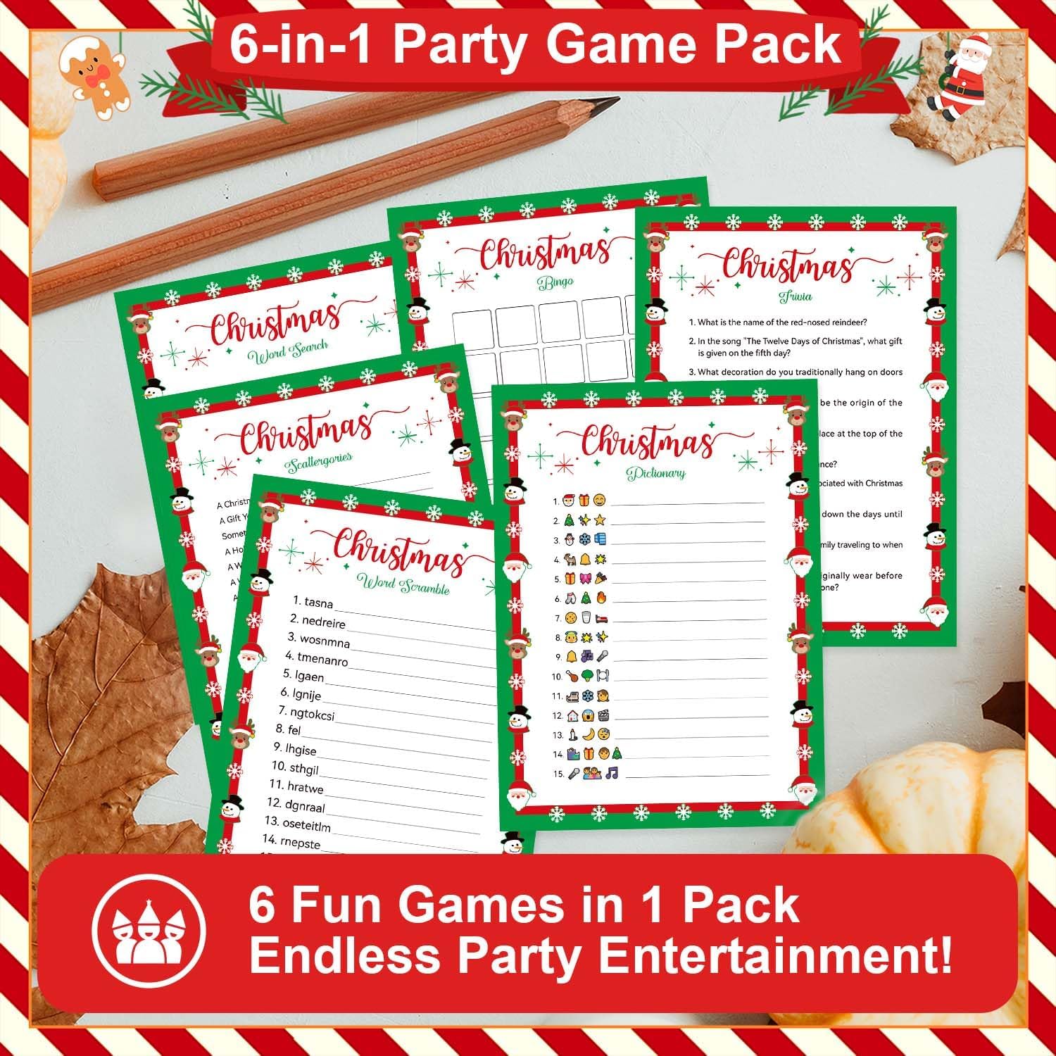 Biswiter Christmas Games for Family Party Supplies, Christmas Activities Word Search Scramble Bingo Trivia Pictionary Categories and Answer Keys for Family