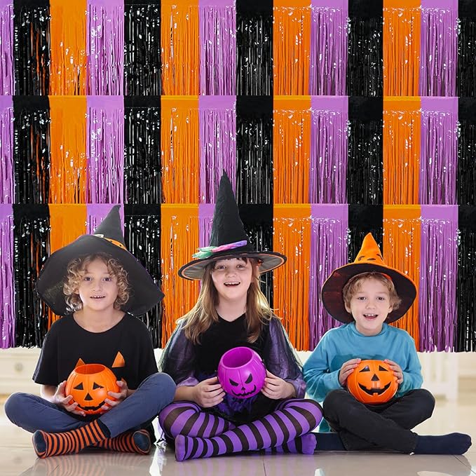 6 Pack 30x108 Inch Halloween Table Skirt Decoration, Metallic Foil Fringe Tinsel Table Skirts, Curtains Backdrop Parade Floats Birthday Halloween Christmas Party Decoration(Black Orange Purple)