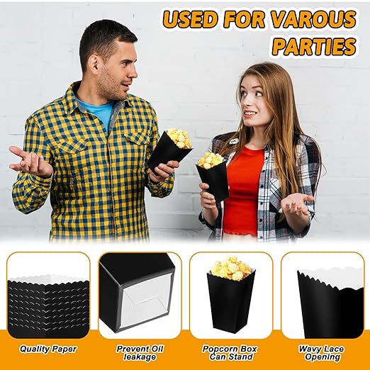 200 Pcs Popcorn Boxes, Mini Paper Popcorn Box, Cardboard Popcorn Container for Party, Disposable Snack Candy Popcorn Bags, Popcorn Holder for Birthday Wedding Decoration, 2 x 4.5 x 2.8 Inch (Black)