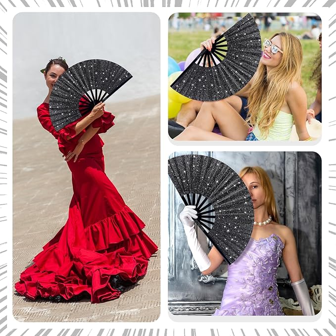 Thyle 6 Pcs Large Folding Fan for Line Dancing Bulk Boots on The Ground Hand Fan Black Popping Clapping Party Favors Decoration Gift for Edm Festival Club Summer(Classical)