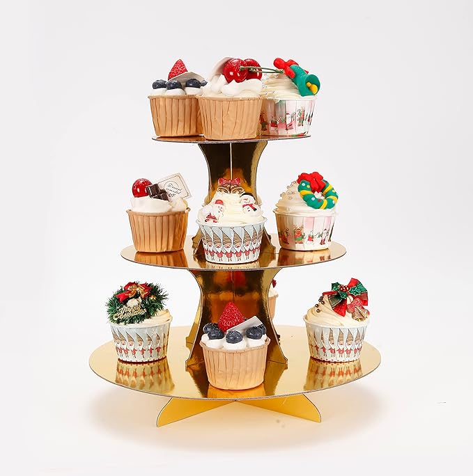 3-Tier Cupcake Stand, Gold Cardboard Cake Stand Holder, Tiered DIY Cupcake Stand Tower for Dessert Table Displays, Birthday Theme Party Favors Decoration, Floral Tea Party, 12" W x 12.8" H