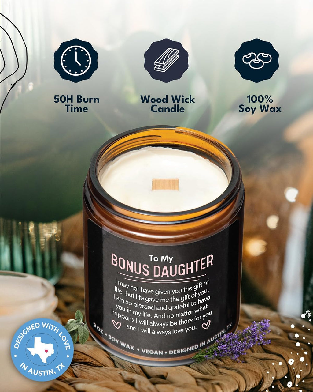 Bonus Daughter Candle, Unique Bonus Daughter Gifts for Women, Stepdaughter Gifts from Stepmom, Birthday Gift for Daughter in Law from Mother in Law, Ideal Present for Christmas, Gift-Ready