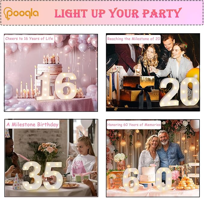 Pooqla Decorative Led Light Up Number Letters, White Plastic Marquee Number Lights Sign for 60th Birthday Party Wedding Decor Battery Operated Number (60)