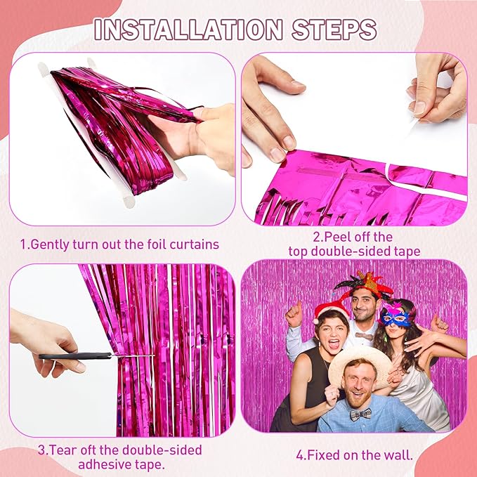 2 Pack Hot Pink Backdrop Curtain, Door Streamers, Party Streamers Decorations Rose Red Birthday Wedding Decorations Foil Fringe Photo Backdrop Party Supplies Fiesta Grad Theme Christmas Decorations
