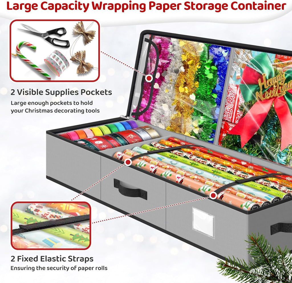 BlessedSeason Wrapping Paper Storage Organizer for 40 Inch Christmas Gifts Wrapping Paper, 2 Visible Supplies Pockets for Holiday Accessories, Christmas Decoration Storage Containers, Grey
