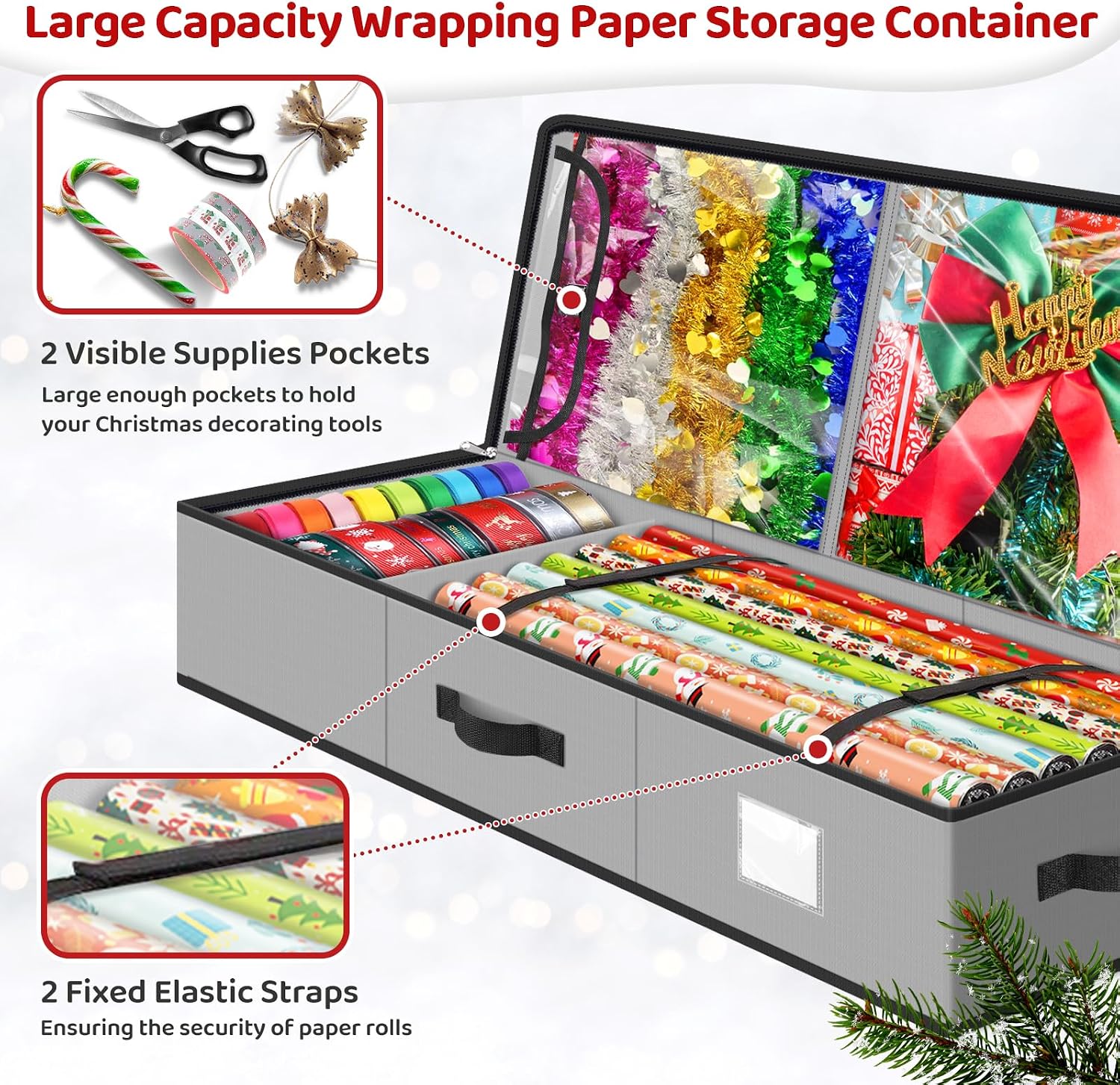 BlessedSeason Wrapping Paper Storage Organizer for 40 Inch Christmas Gifts Wrapping Paper, 2 Visible Supplies Pockets for Holiday Accessories, Christmas Decoration Storage Containers, Grey