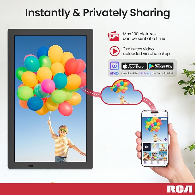 RCA 21.5" Large WiFi Digital Picture Frame Electric Uhale Frames with Remote Control 32GB Memory, 1920 X 1080P FHD IPS No Touch Screen, Support Wall Mount, Auto Rotate, Instantly Share Photos Videos
