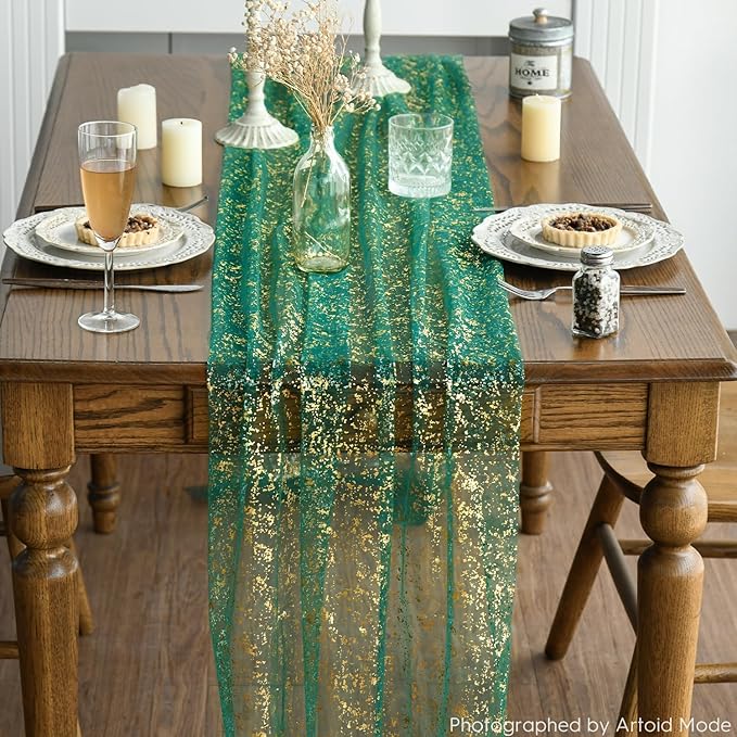 Artoid Mode 3PCS Green Gold Gauze Table Runner 120 Inch 10FT, Glitter Metallic Foil Sheer Dining Wedding Anniversary Holiday Table Decor for Home Party