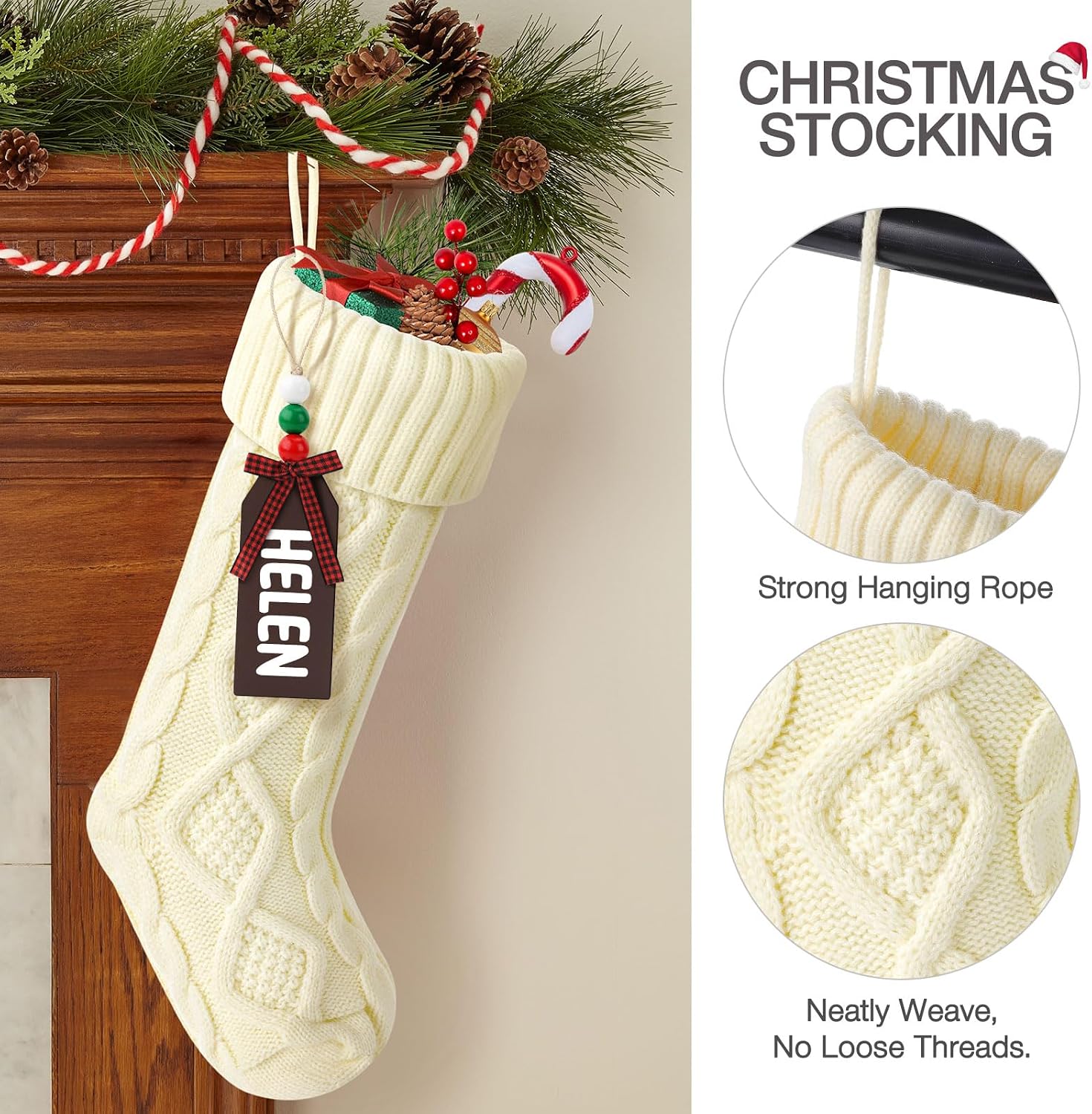 Hommtina Christmas Stockings, Personalized Christmas Stockings 18 Inches Large Size Cable Knitted Stocking Gifts (6pcs White&red&Green)